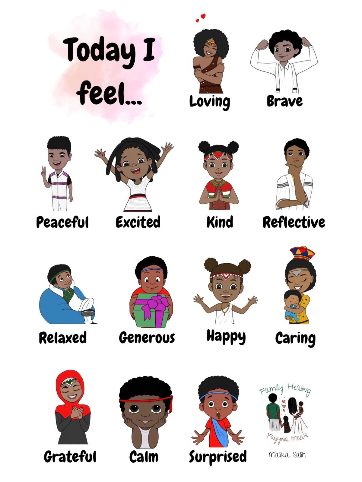 Today I feel positive emotions poster with illustrated Oromo children