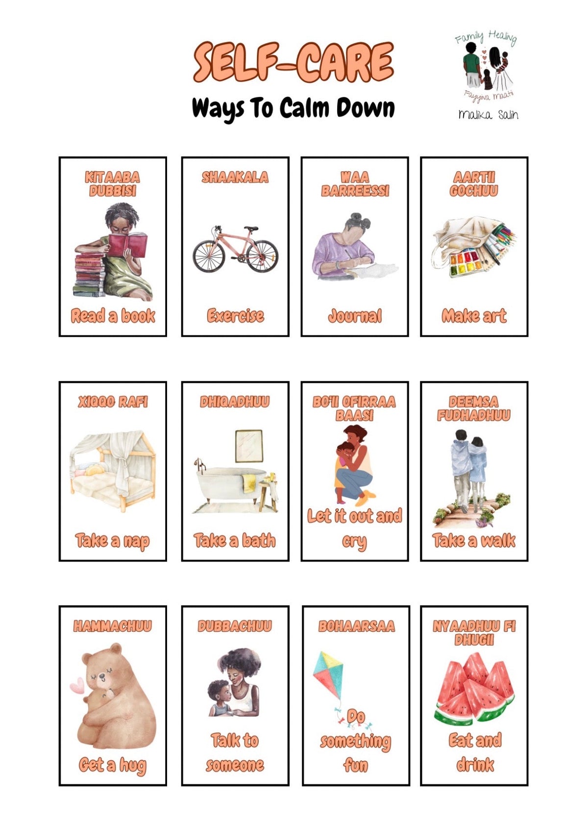 Self-Care Ways to Calm Down poster with 12 bilingual English and Afaan Oromo activities